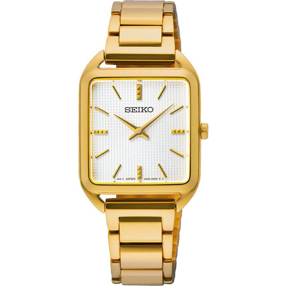 Seiko SWR078 Gold Tone Ladies Quartz Watch 4N30 26mm Silver Dial Essentials New