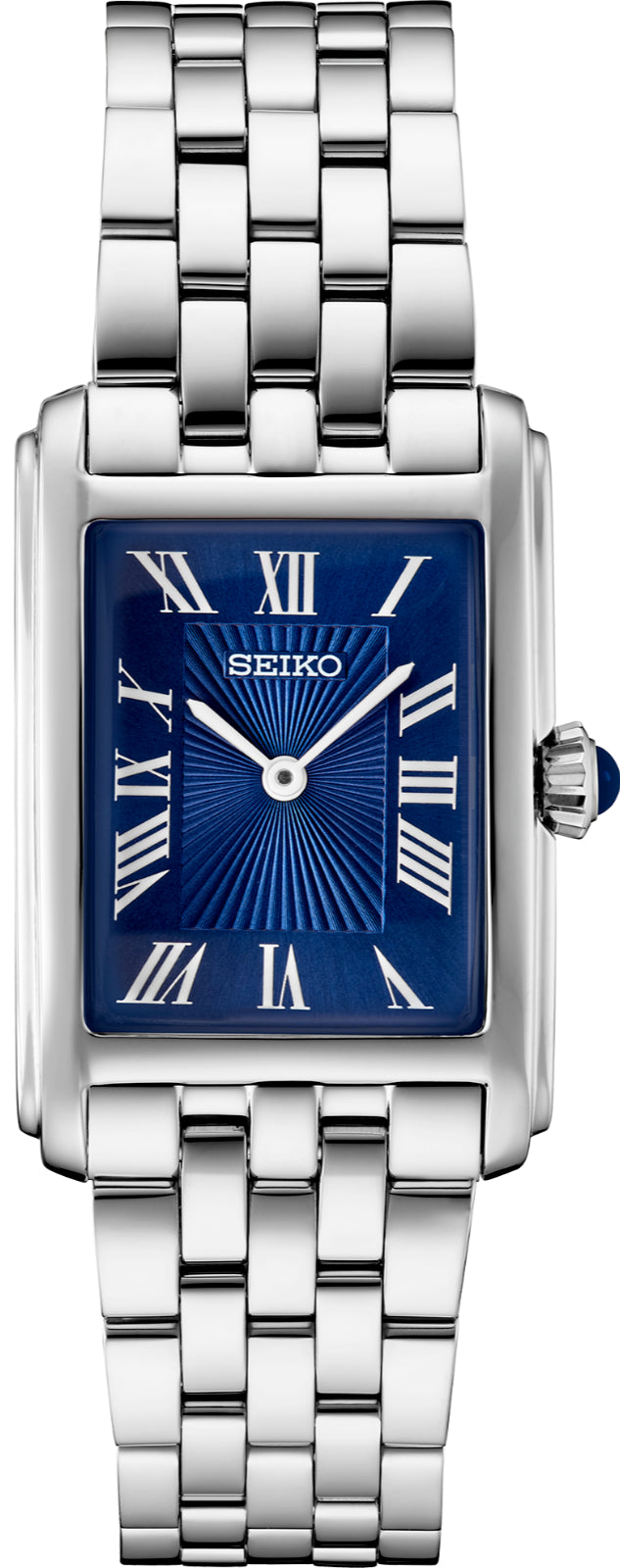 Seiko SWR085 Rectangle Quartz Watch Blue Roman Dial White Hands 50m WR Stainless