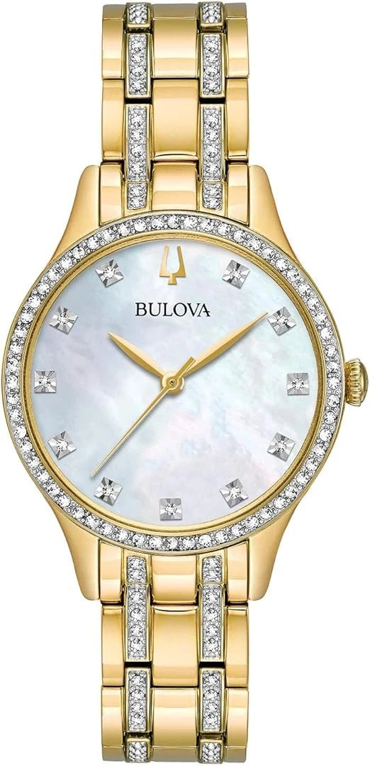 Bulova 98X119 Women's Gold Tone Crystal Bracelet Watch MOP Dial Quartz + Bangles