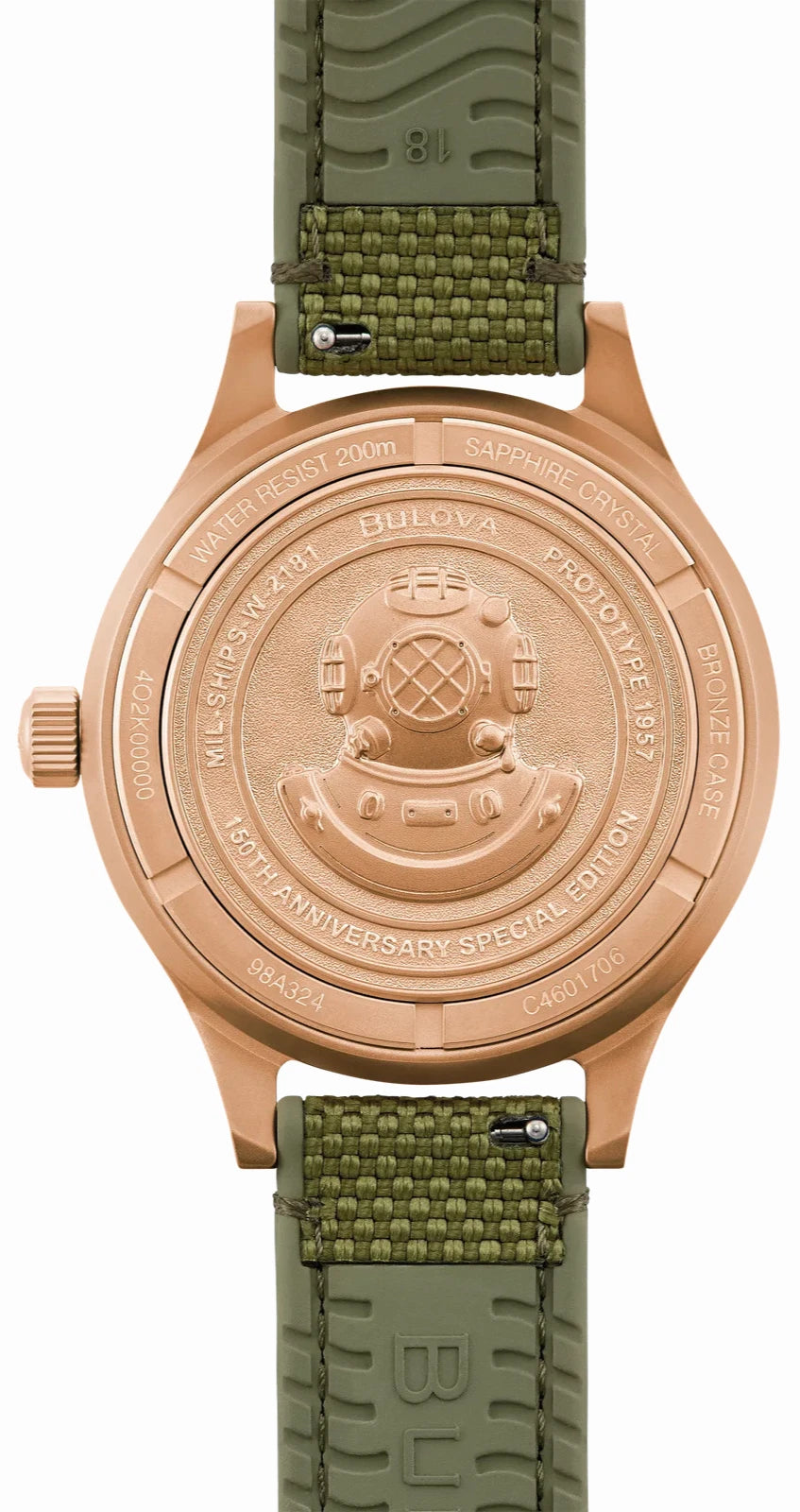 Bulova 98A324 MIL-SHIPS Bronze Auto 150th Anniversary Green Dial Sapphire 200MWR