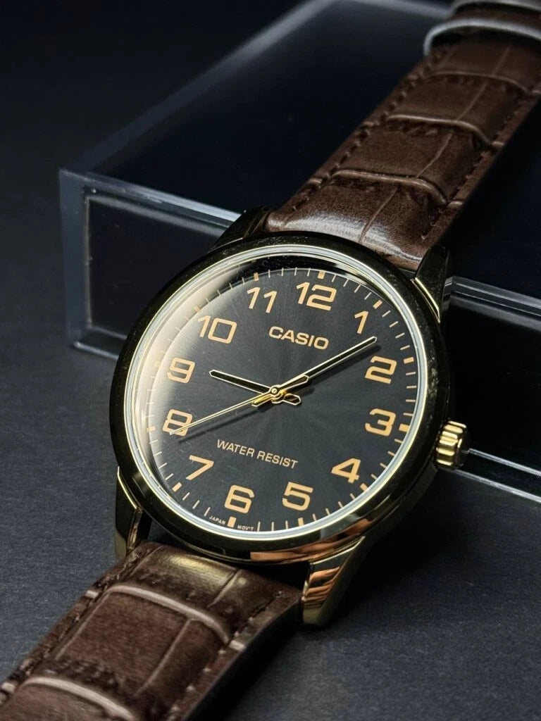 Casio MTP-V001GL-1B Black Analog Brown Leather Gold Tone Bezel Men's Dress Watch