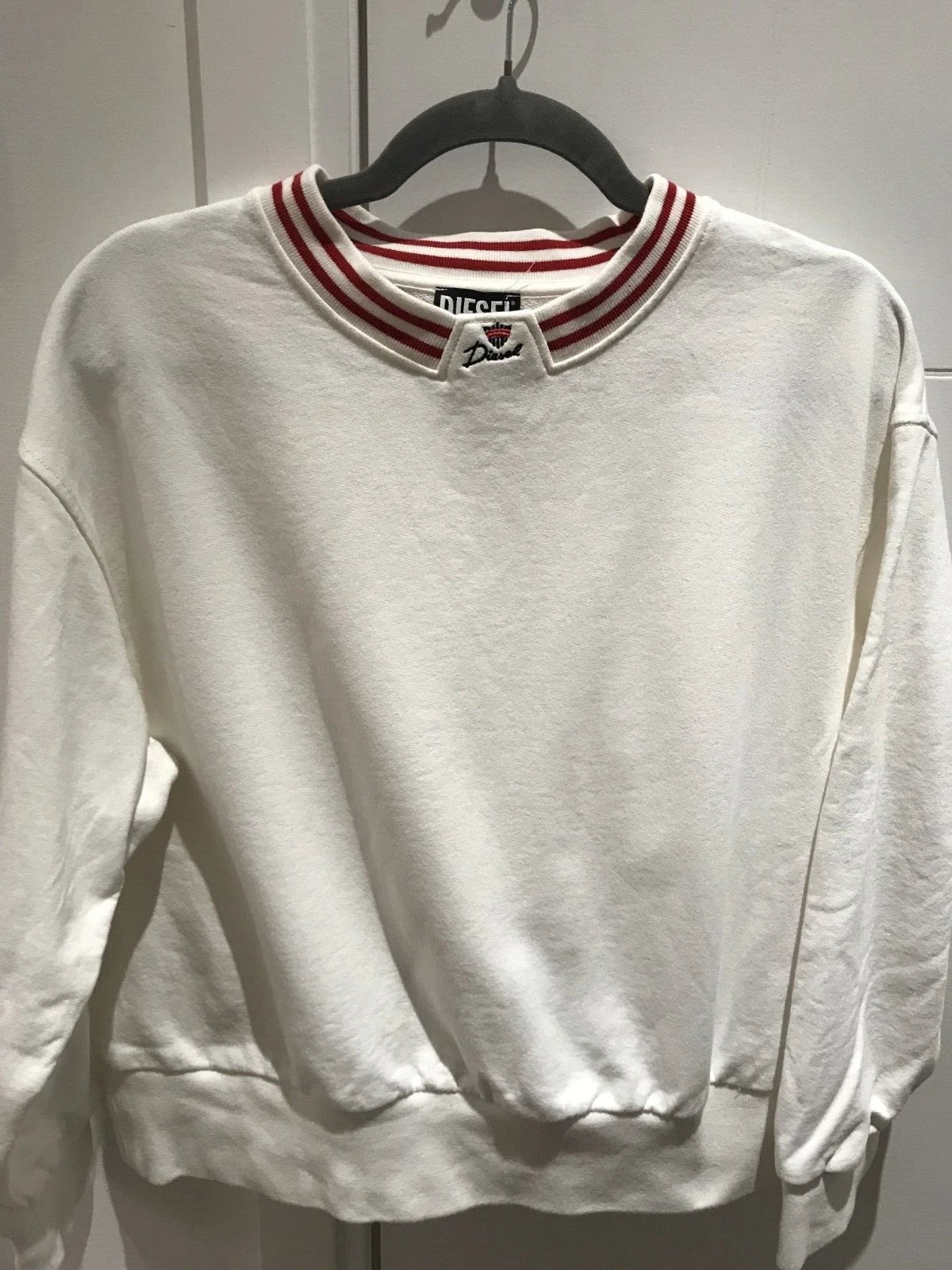 Diesel Men's White Diesel Logo Detailed Striped Crew Neck Pullover Sweatshirt