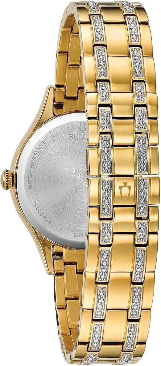 Bulova 98X119 Women's Gold Tone Crystal Bracelet Watch MOP Dial Quartz + Bangles