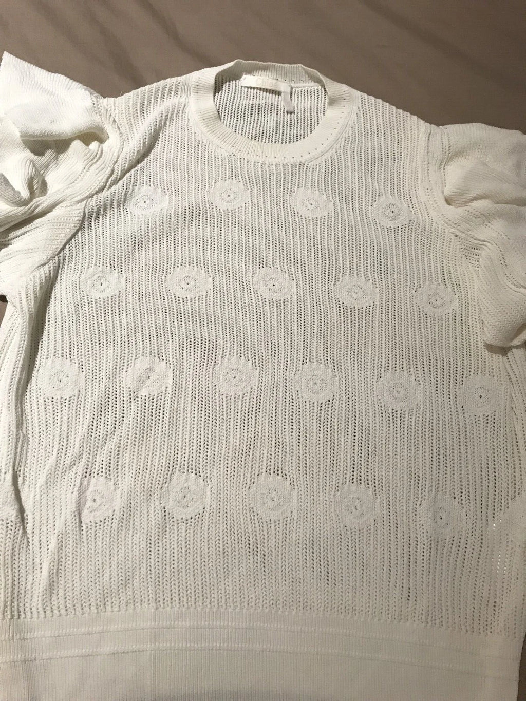 Chloe Women's Ivory Crochet Knit Floral 3/4 Sleeve Pullover Sweater Sz Small