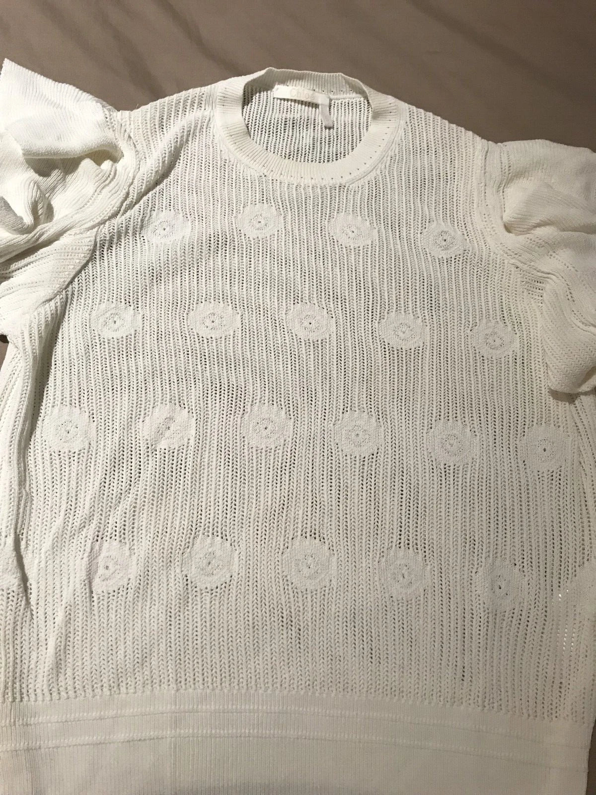 Chloe Women's Ivory Crochet Knit Floral 3/4 Sleeve Pullover Sweater Sz Small