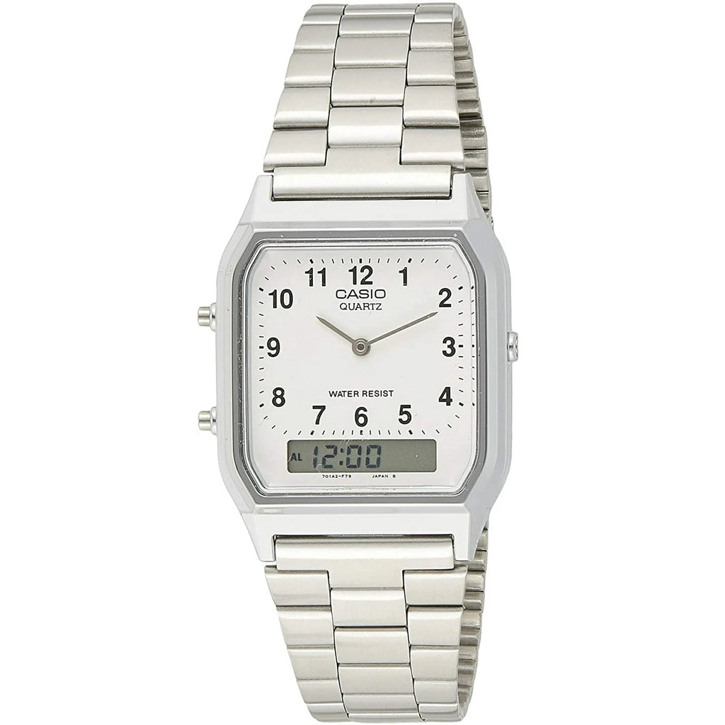 Casio AQ-230A-7B Vintage Analog Digital Dual Time Stainless Steel Bracelet Watch