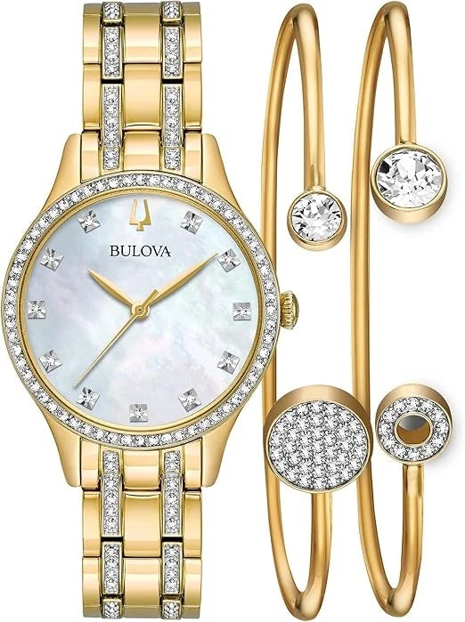 Bulova 98X119 Women's Gold Tone Crystal Bracelet Watch MOP Dial Quartz + Bangles
