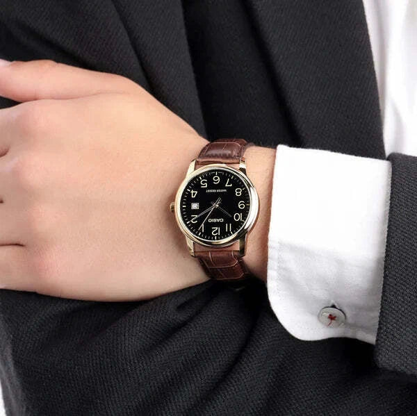 Casio MTP-V001GL-1B Black Analog Brown Leather Gold Tone Bezel Men's Dress Watch