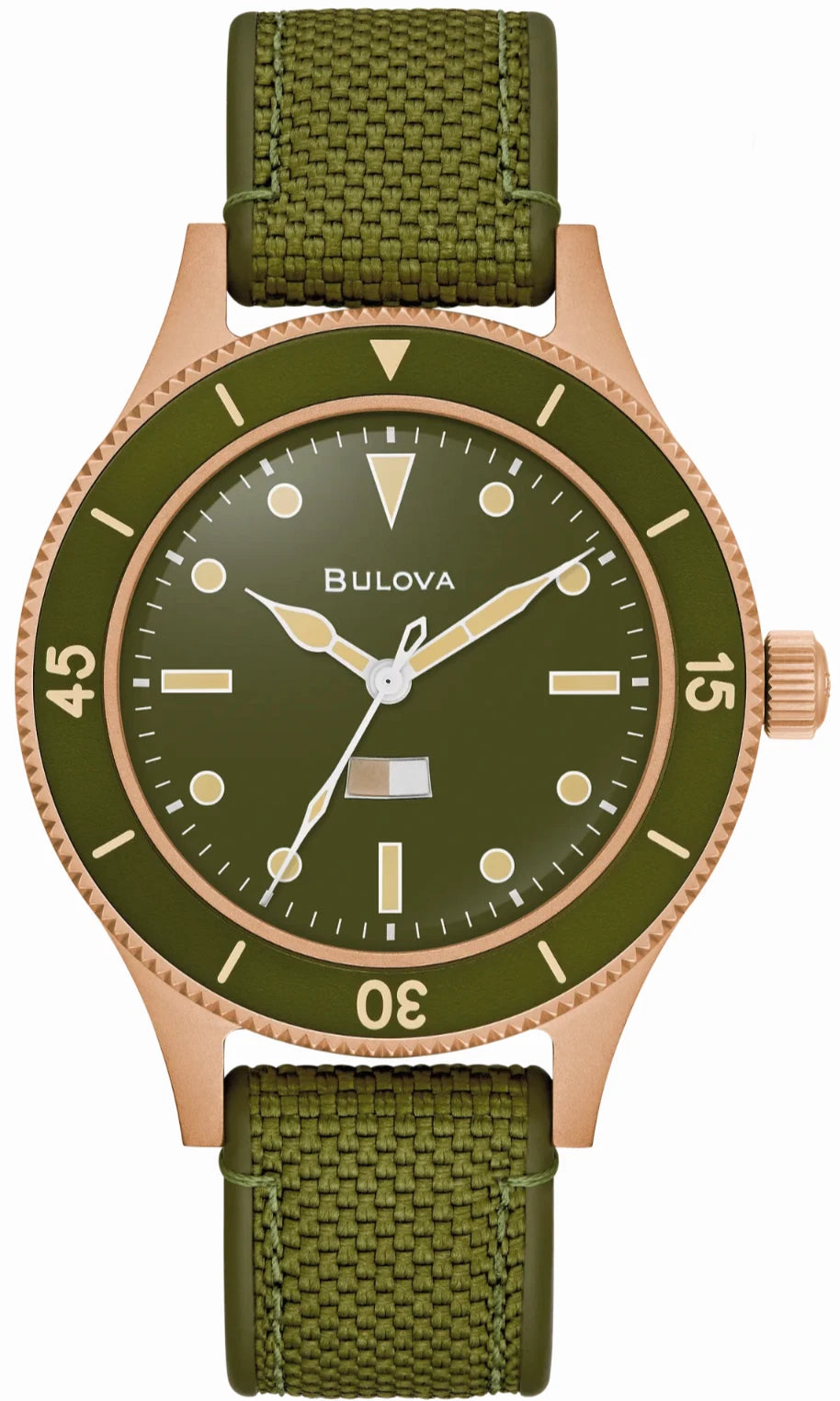 Bulova 98A324 MIL-SHIPS Bronze Auto 150th Anniversary Green Dial Sapphire 200MWR
