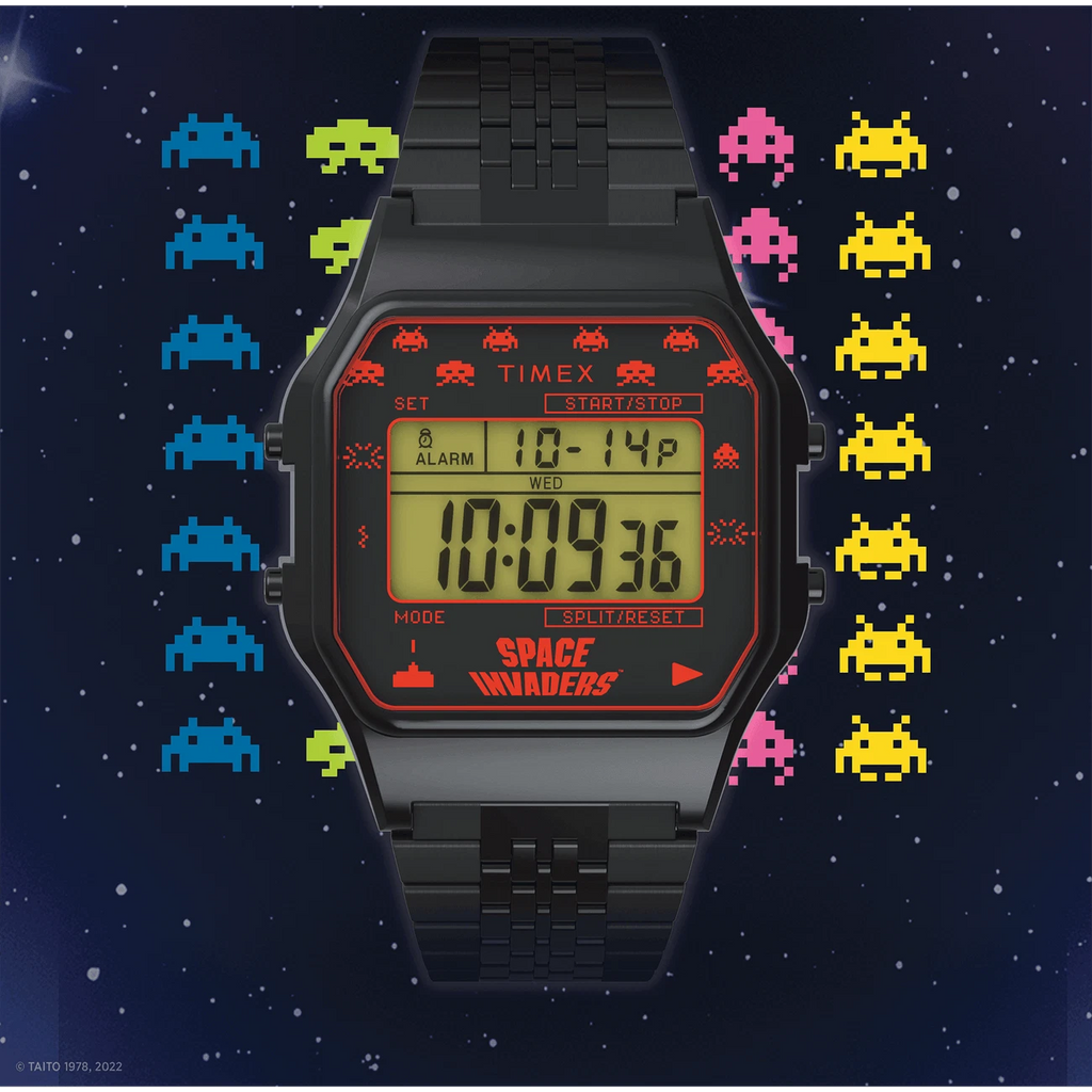 Timex X Space Invaders Retro Alien Watch TW2V30200 Digital Alarm Backlight 34mm