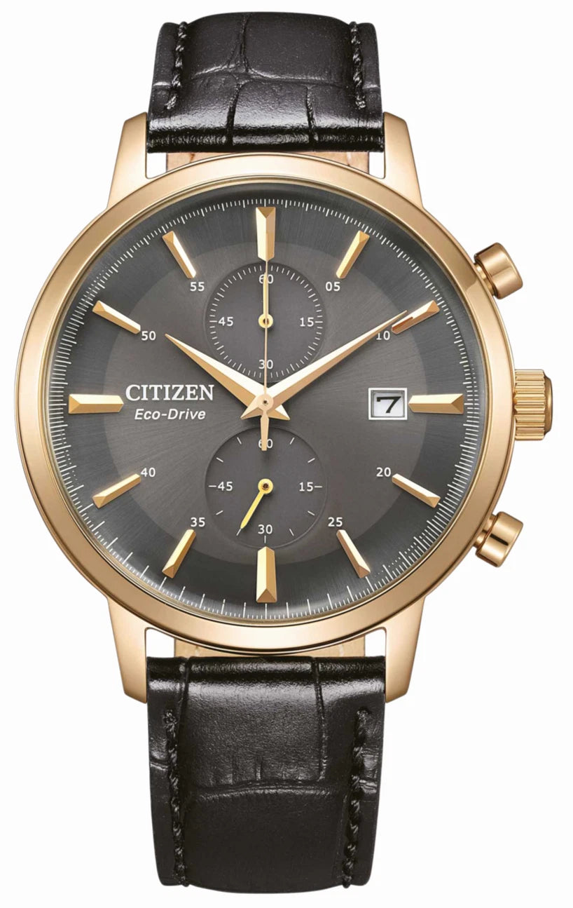 Citizen Eco Drive Chronograph Gold Grey 42mm Leather Watch Men's CA7067-11H 50M