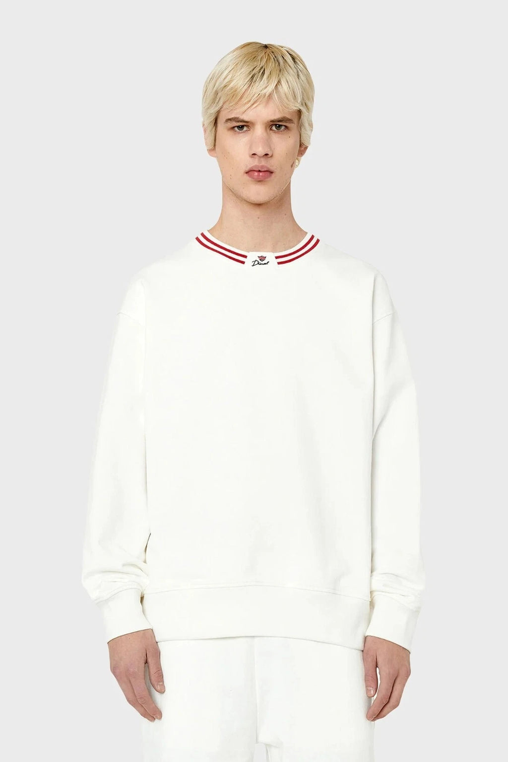 Diesel Men's White Diesel Logo Detailed Striped Crew Neck Pullover Sweatshirt
