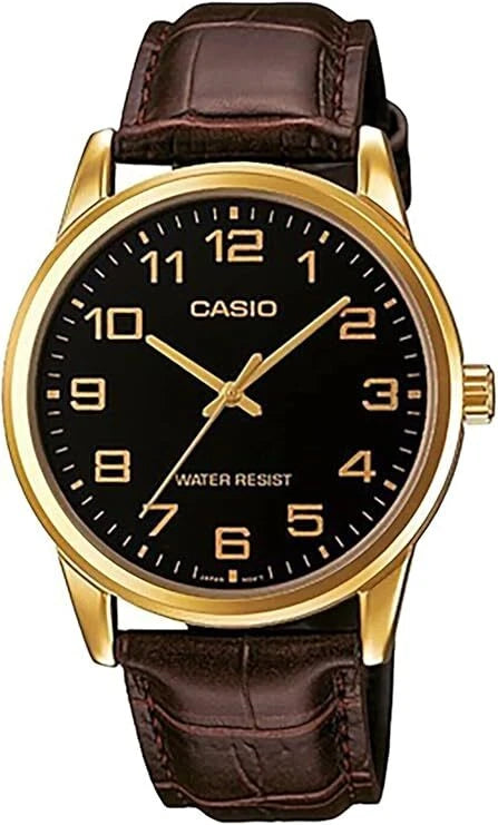 Casio MTP-V001GL-1B Black Analog Brown Leather Gold Tone Bezel Men's Dress Watch