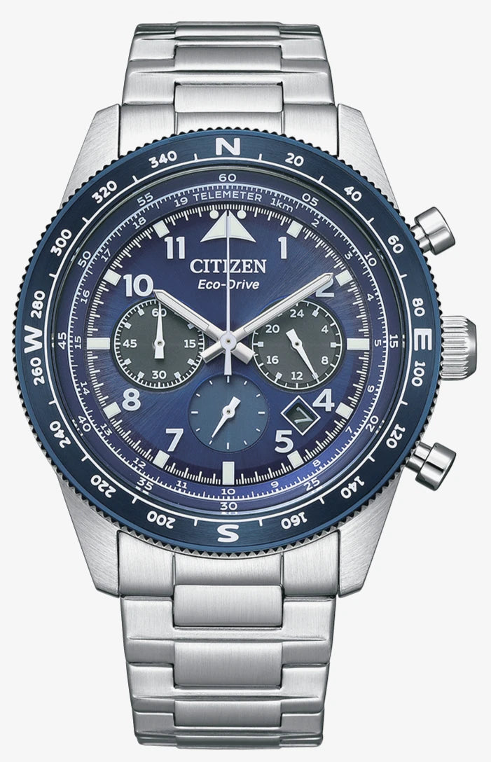 Citizen Eco-Drive CA4554-84L Chronograph Men's Watch Blue Dial Steel Band New