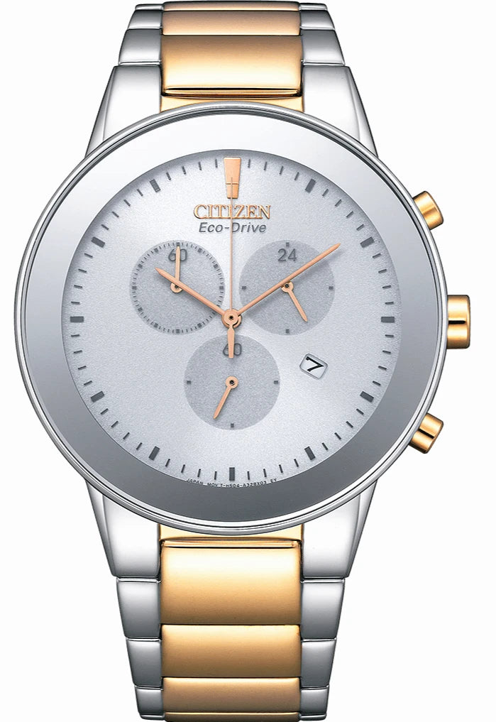 Citizen Eco Drive Date Chronograph Watch AT2244-84A Men’s 43mm Silver Rose Gold