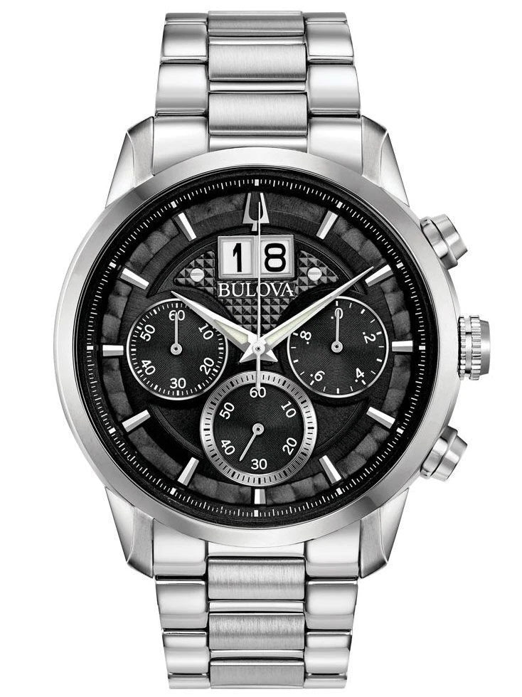 Bulova Sutton 96B319 Men's 44mm Chronograph Black Dial Quartz Stainless Bracelet