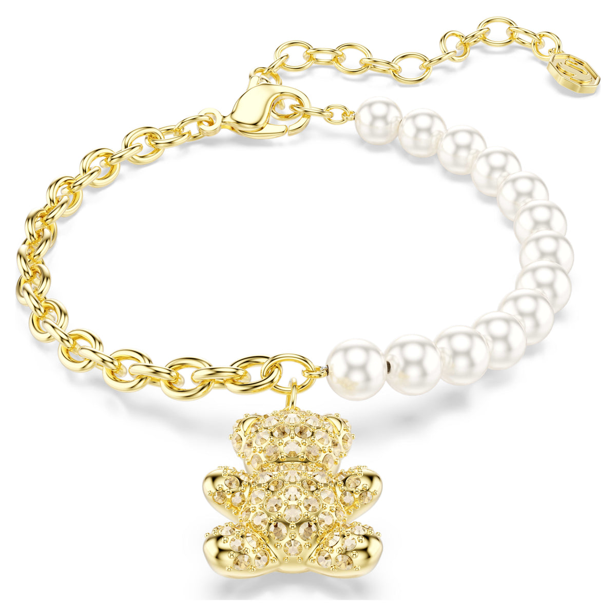 Swarovski Idyllia Teddy Bear Crystal & Pearl Charm Bracelet — Gold Tone